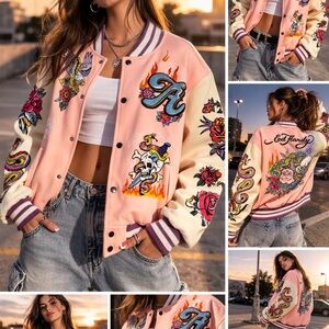 Reason Women's Pink and White Varsity Jacket